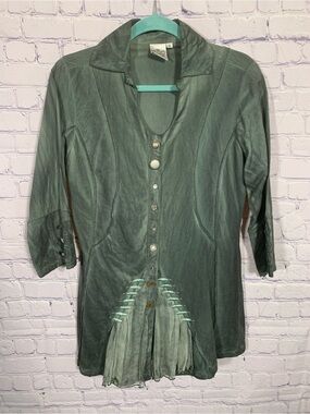 Parlsey & Sage Women Artsy Button Down Top Green Sz S Steam Punk Military Grunge